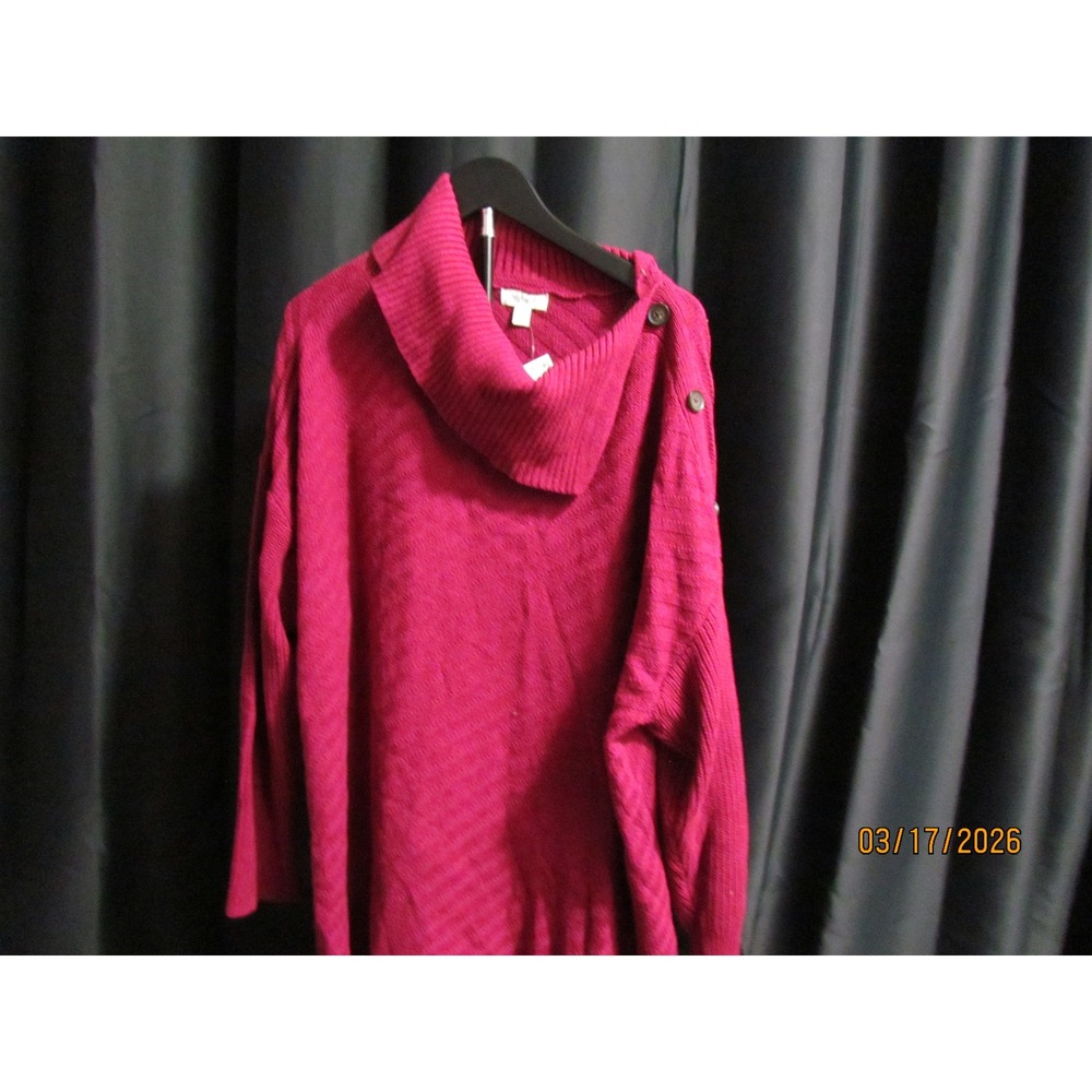 Style & Co Womens Cowl Neck Button Shoulder Sweater Raspberry Knit Poncho Style